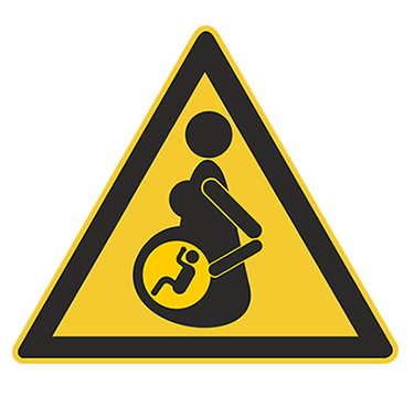 Pictogramme triangulaire de danger jaune sur fond noir représentant une femme enceinte