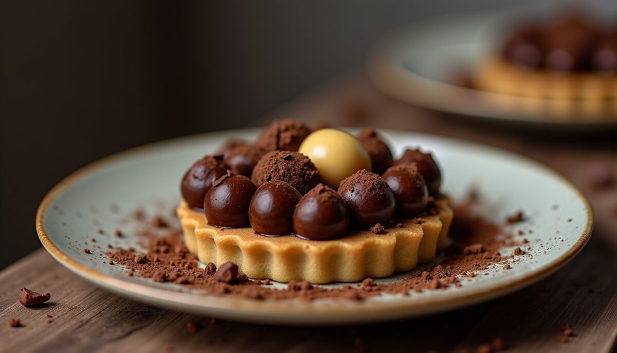 Délice fondant : tarte au chocolat et noix subtilement nappée de beurre de cacao Délice fondant : tarte au chocolat et noix subtilement nappée de beurre de cacao