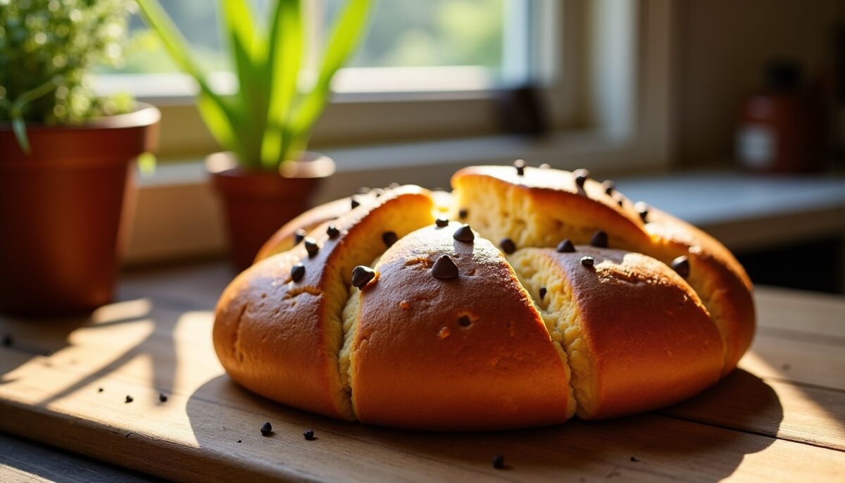 Délicieuse brioche moelleuse parsemée de pépites de chocolat fondantes Délicieuse brioche moelleuse parsemée de pépites de chocolat fondantes
