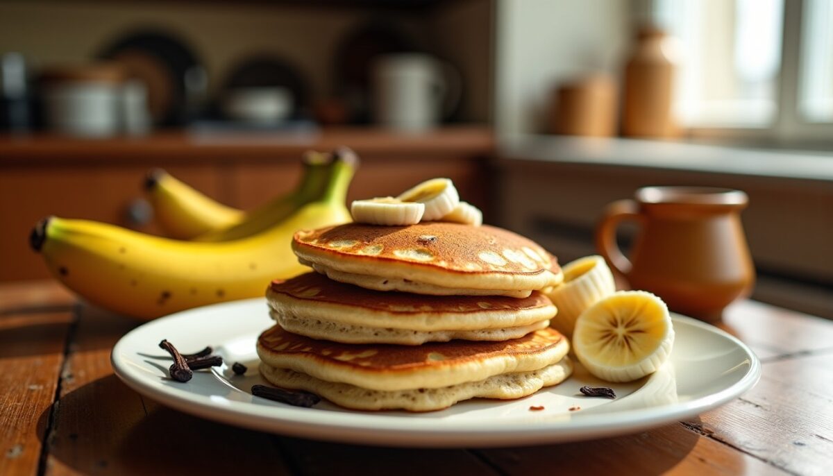 Délicieux pancakes à la banane et vanille, préparés avec de la farine complète et sans sucre ajouté